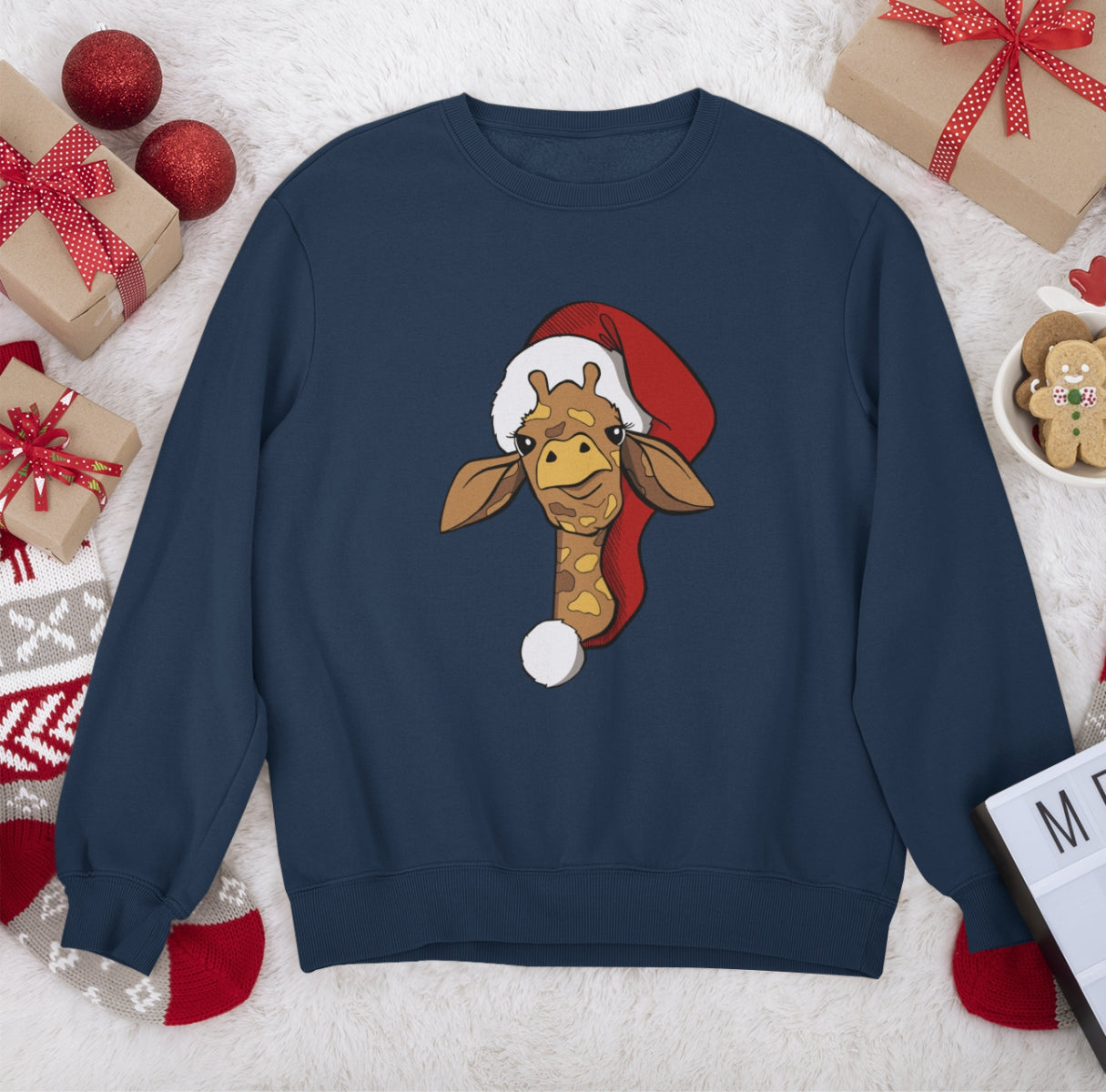 Zils UNISEX džemperis bez kapuces "Ziemassvētku žirafe"