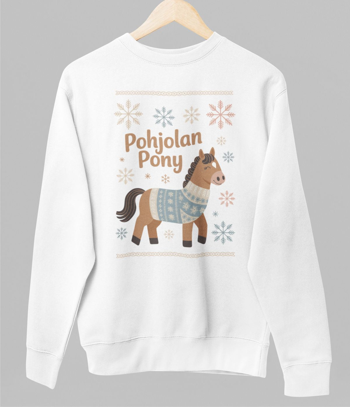 Valkoinen unisex collegepaita "Pohjolan poni"