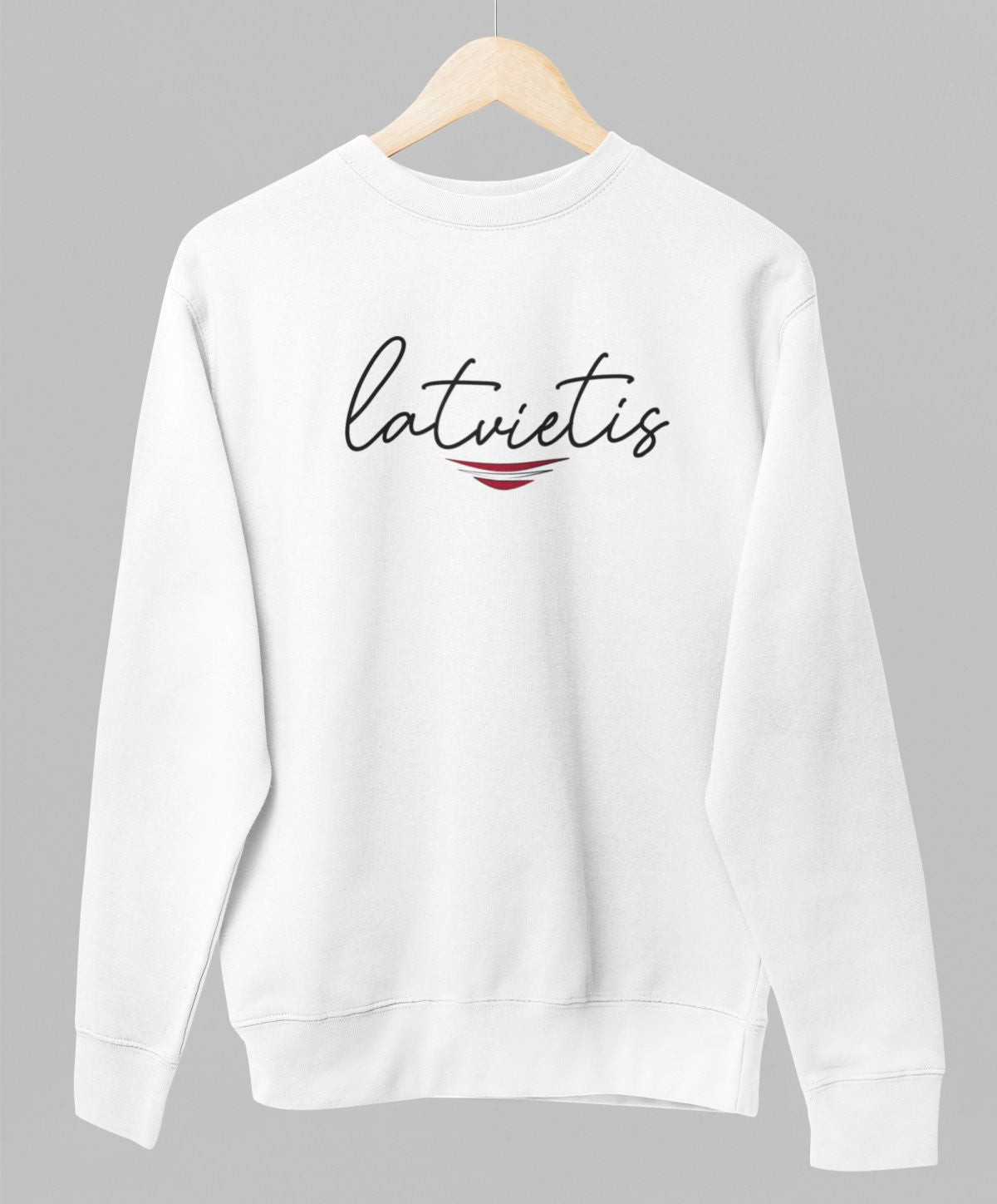 Balts UNISEX džemperis bez kapuces "Es esmu latvietis"