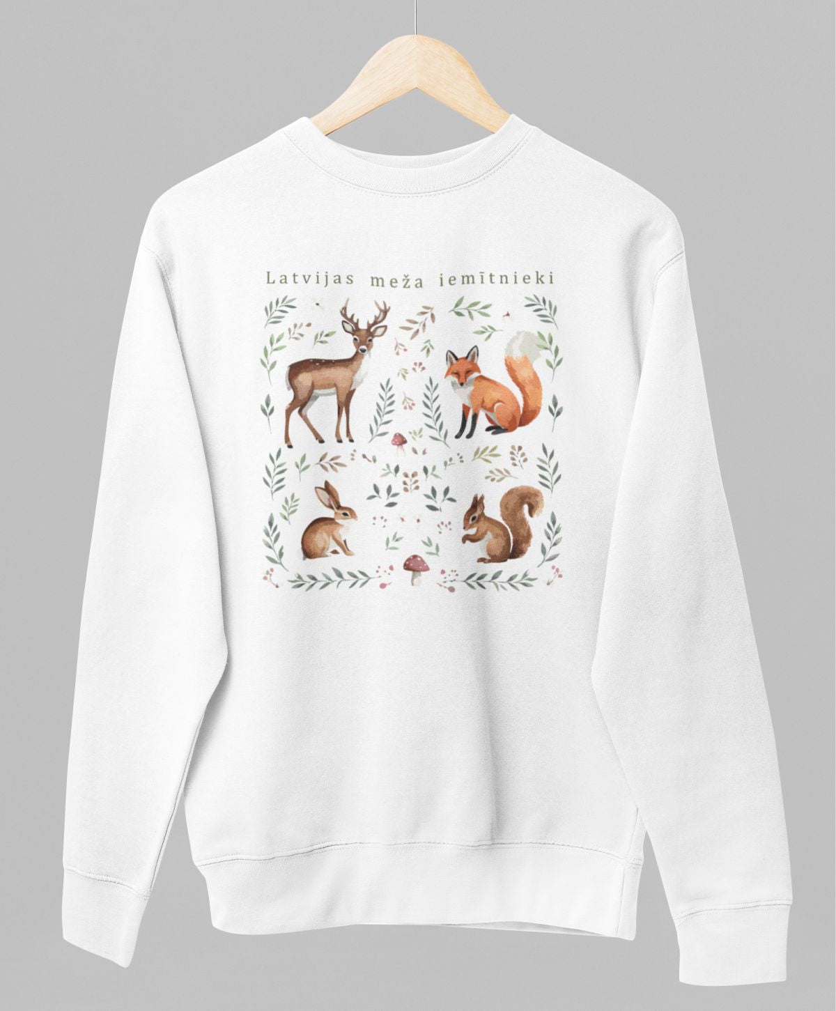 Balts UNISEX džemperis bez kapuces "Meža iemītnieki"