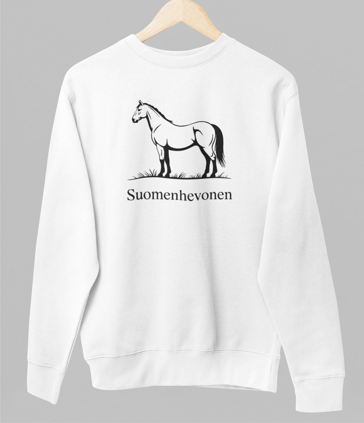 Valkoinen unisex collegepaita "Minimal horse"