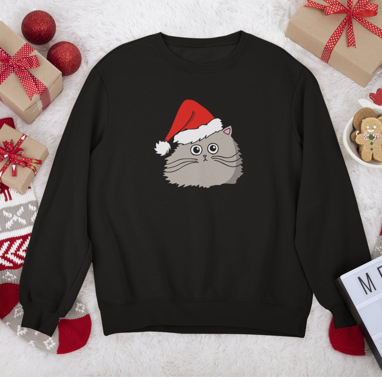 Melns UNISEX džemperis bez kapuces "Ziemassvētku kaķītis"