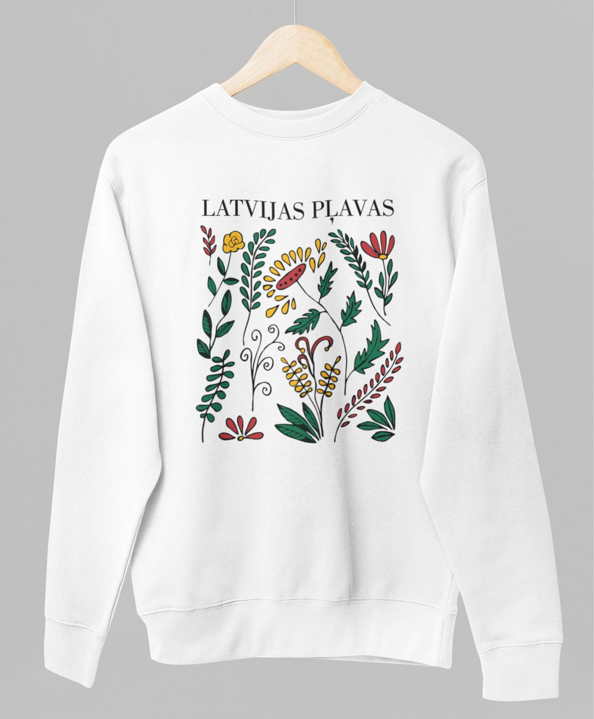 Balts UNISEX džemperis bez kapuces "Latvijas pļavas"