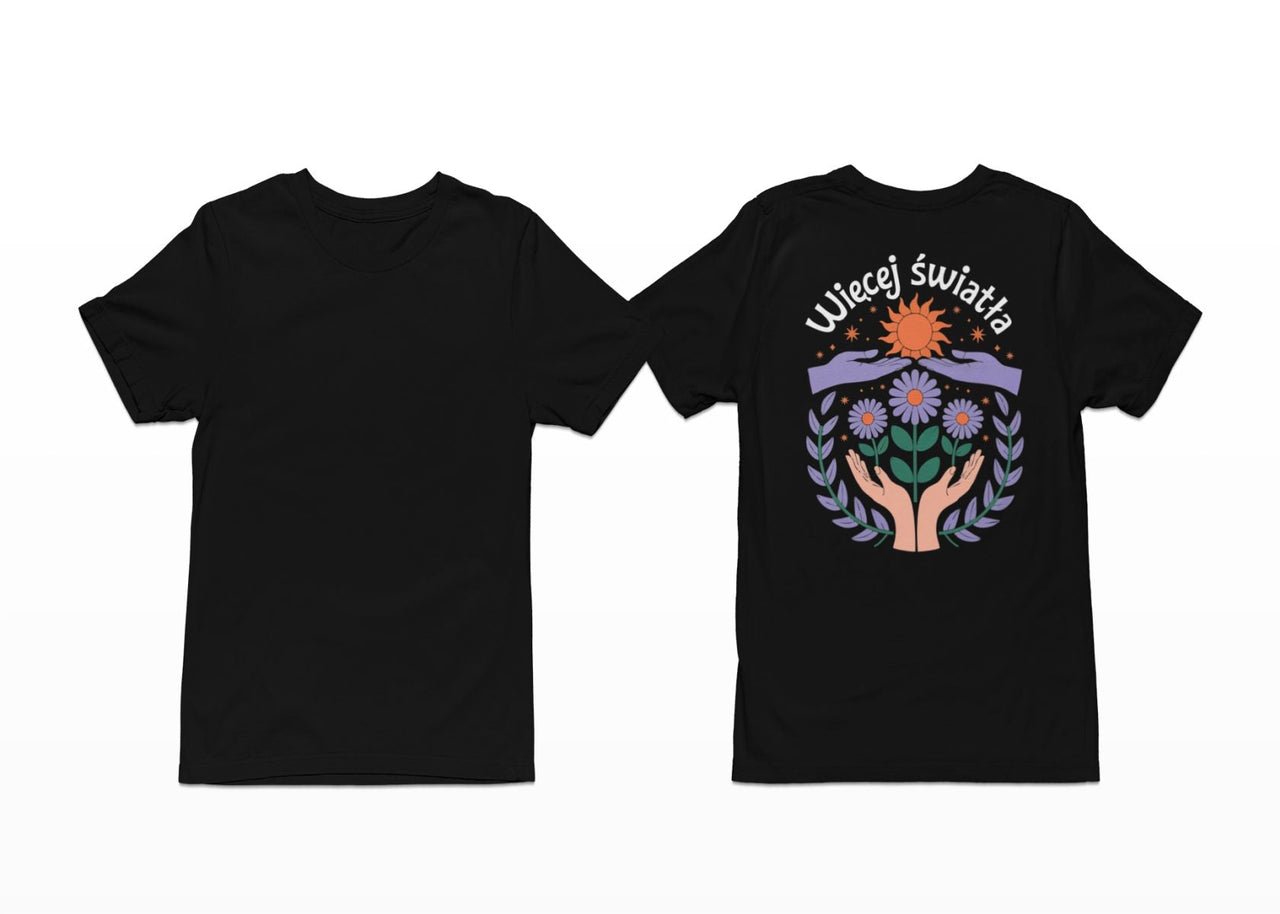 Schwarzes T-Shirt mit Rückenaufdruck "Mehr Licht"