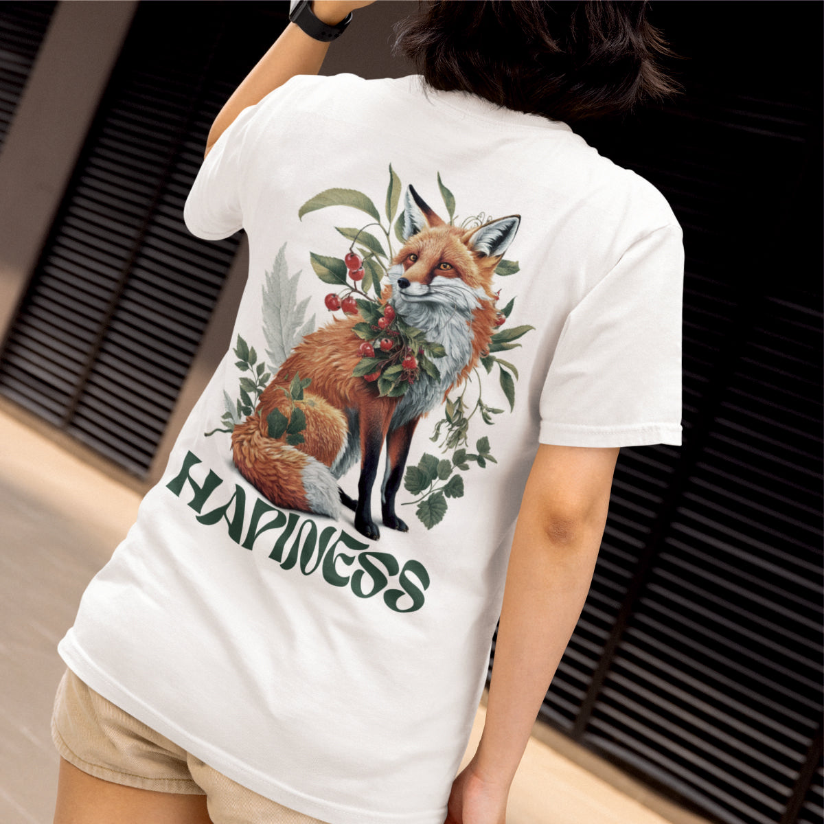 Weiße UNISEX T-Shirts mit Rückenaufdruck "Happiness"