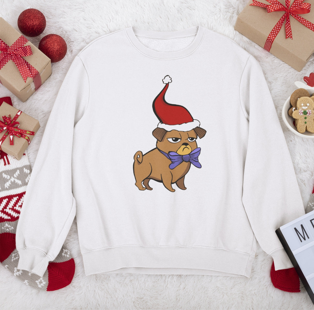 Balts UNISEX džemperis bez kapuces "Ziemassvētku noskaņiņa"