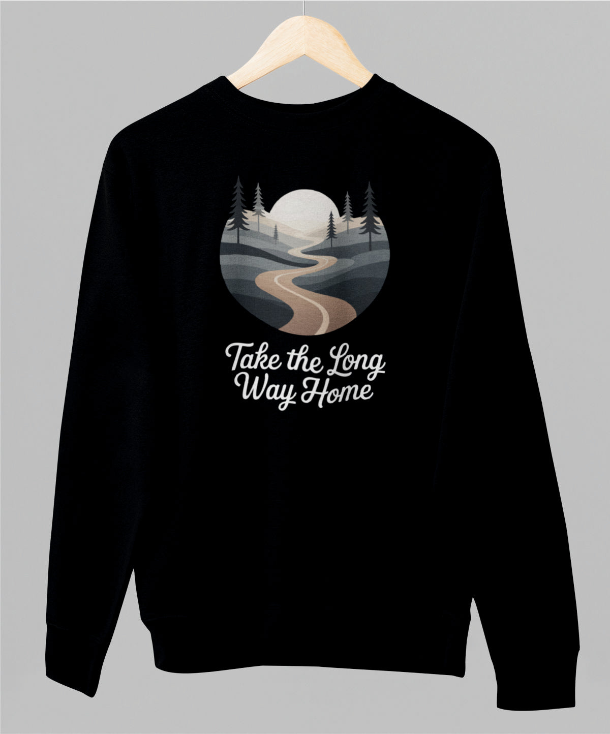 Musta unisex collegepaita "Take the long way home"