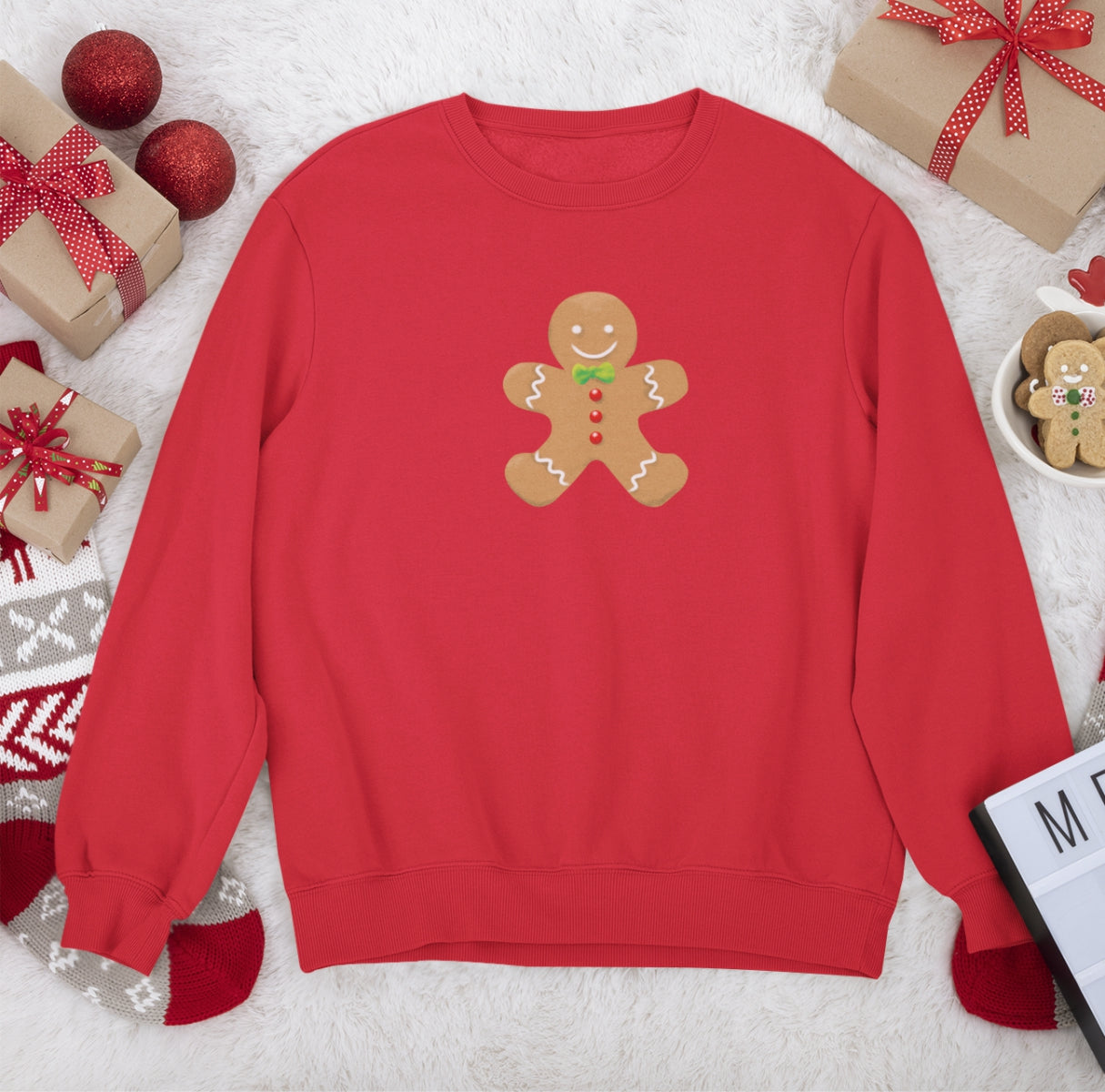 Sarkans UNISEX džemperis bez kapuces "Ziemassvētku cepumiņš"