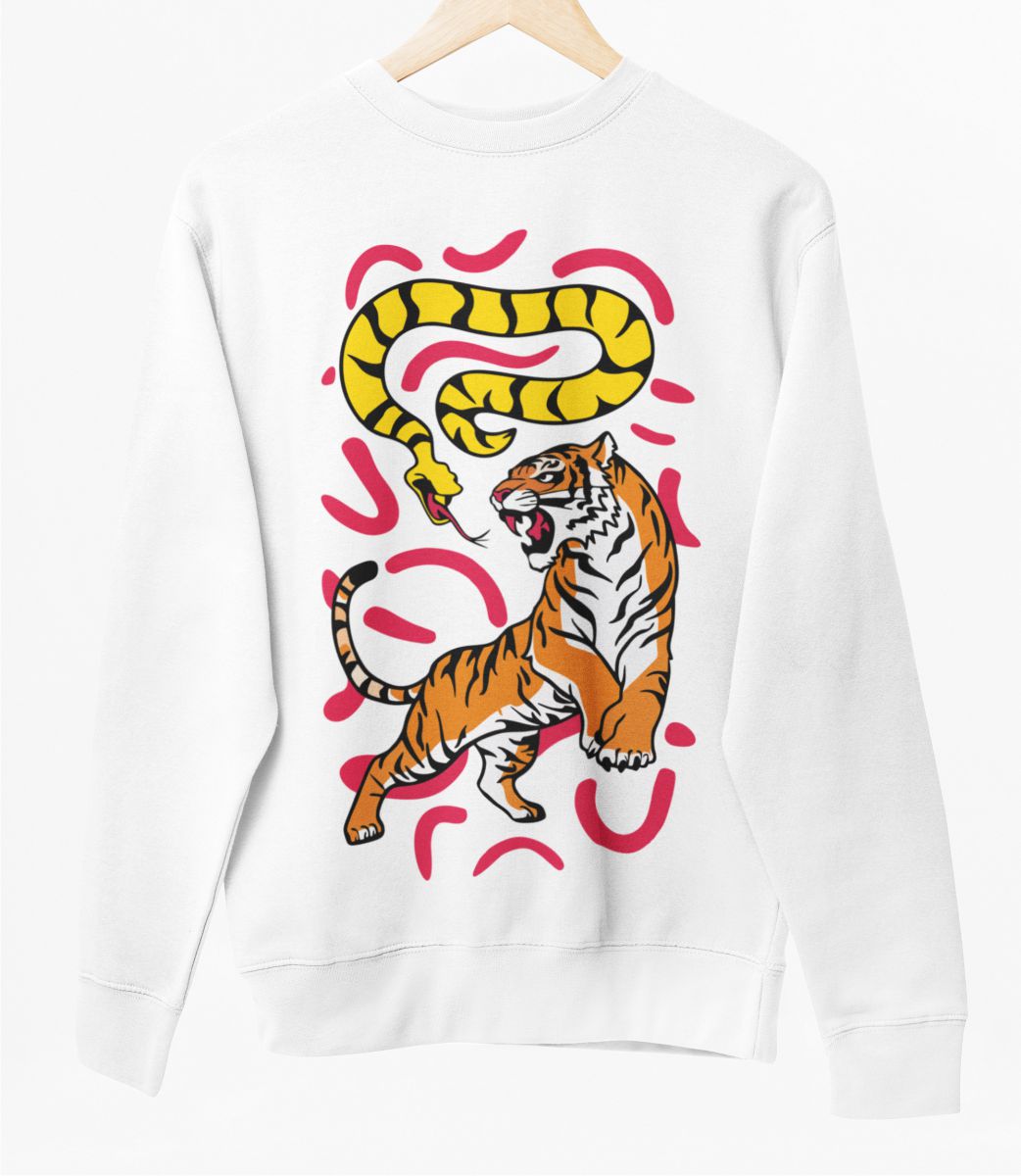 Weißer UNISEX Pullover "Tiger und Schlange"