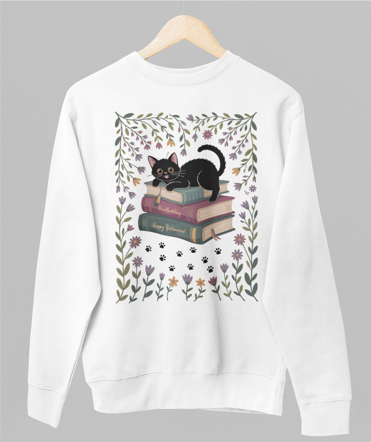 Valkoinen unisex collegepaita "Cats and books"