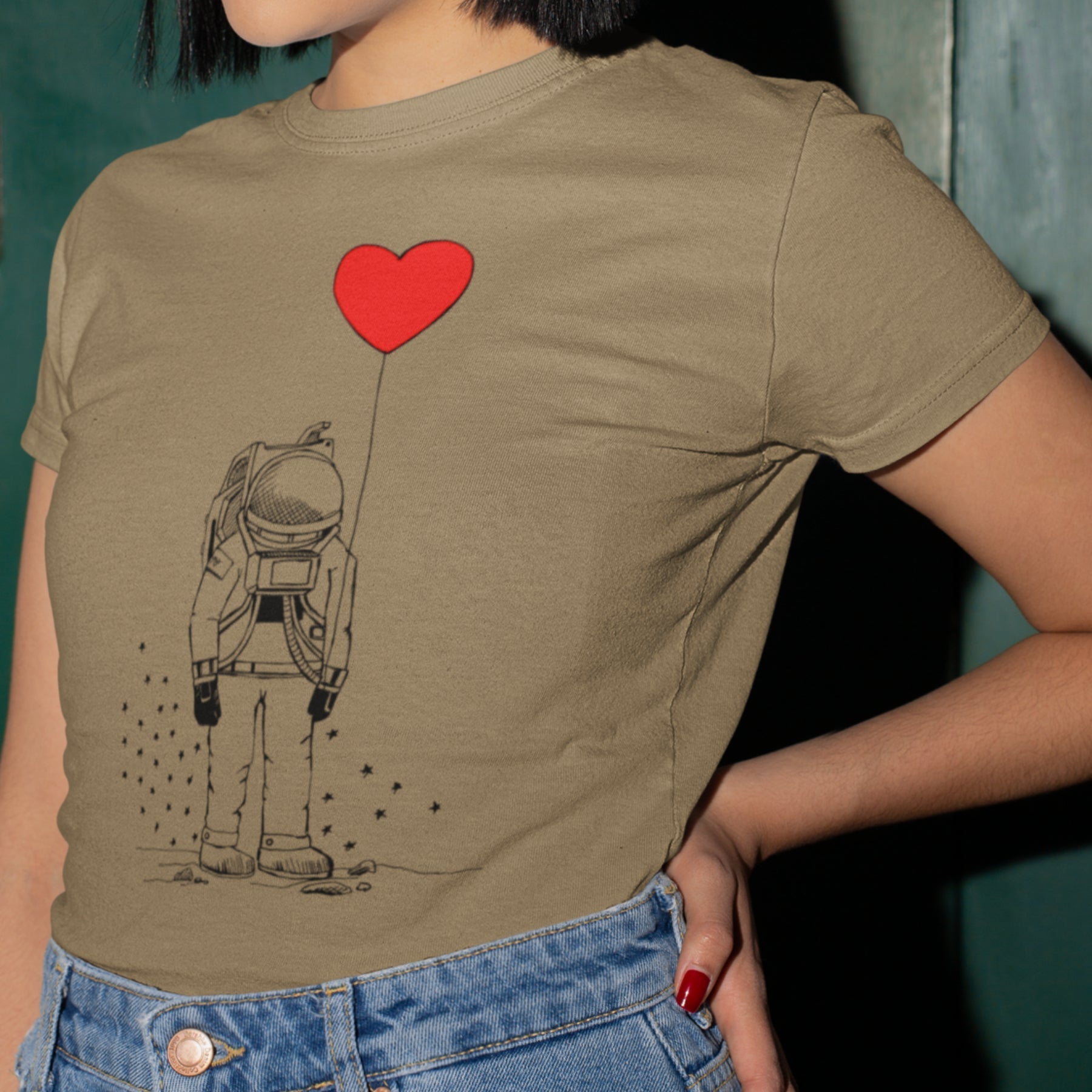 Khaki T-Shirt Spaceman mit Herz