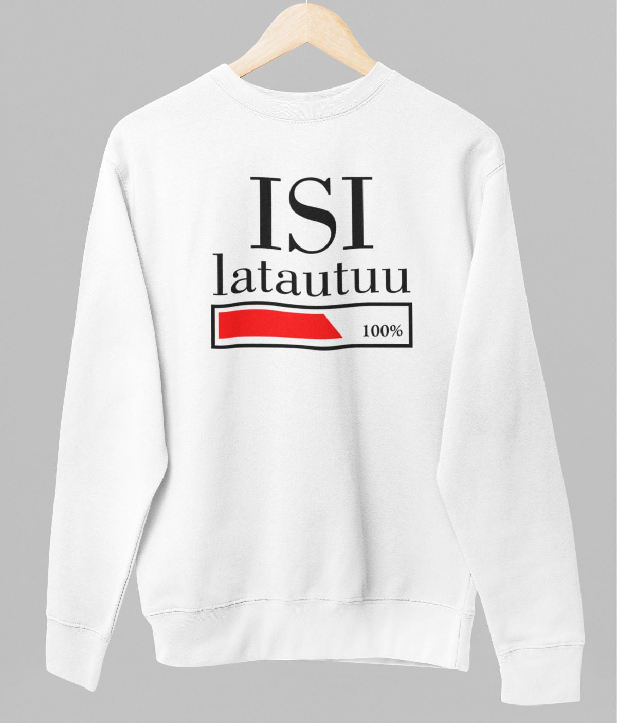 Valkoinen unisex collegepaita "Isi latautuu"