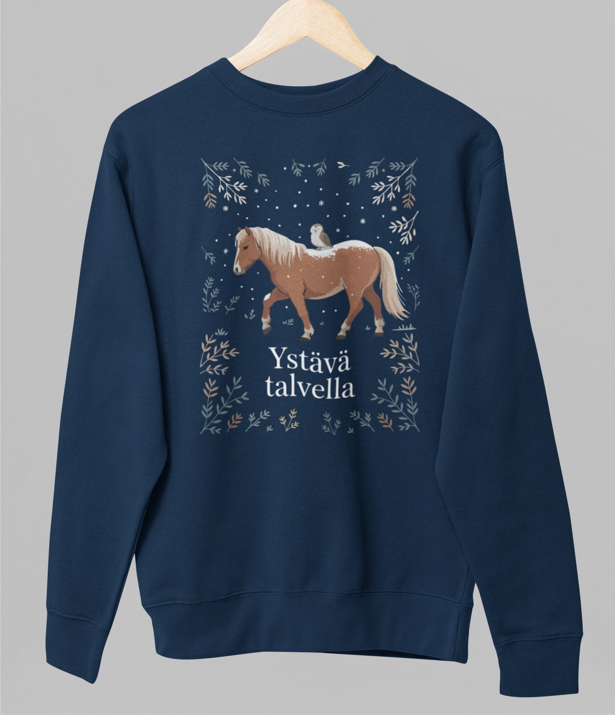 Sininen unisex collegepaita "Ystävä talvella"