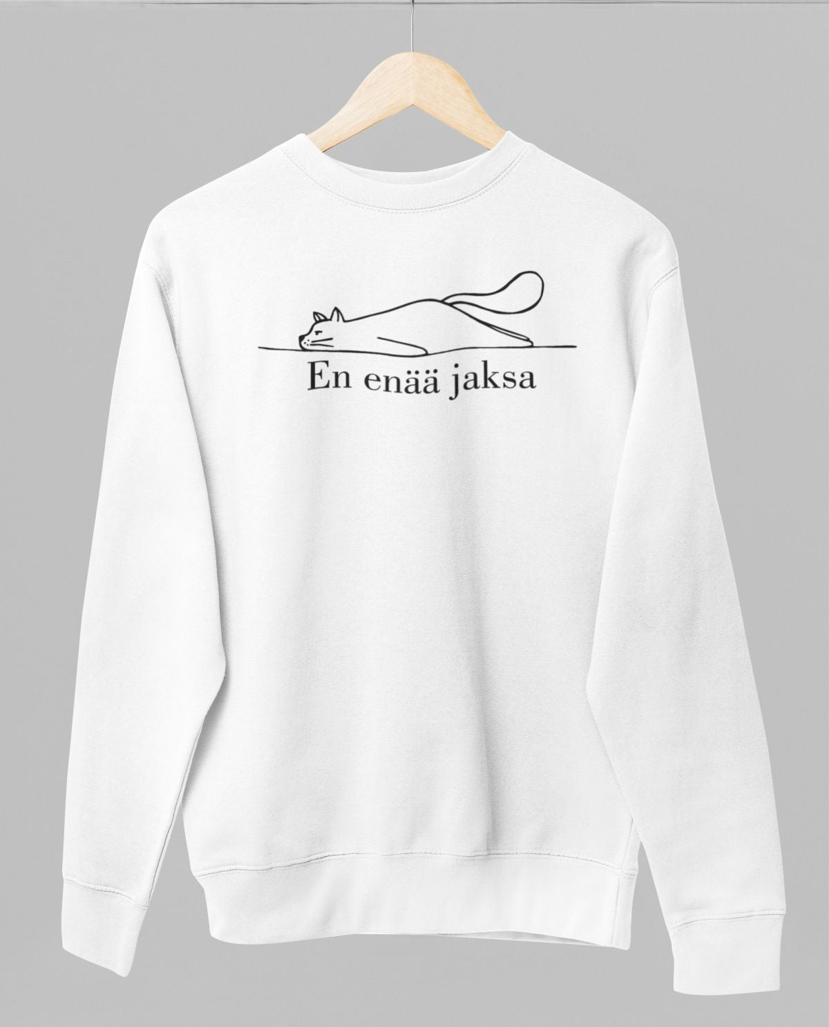Valkoinen unisex collegepaita "En enää jaksa"