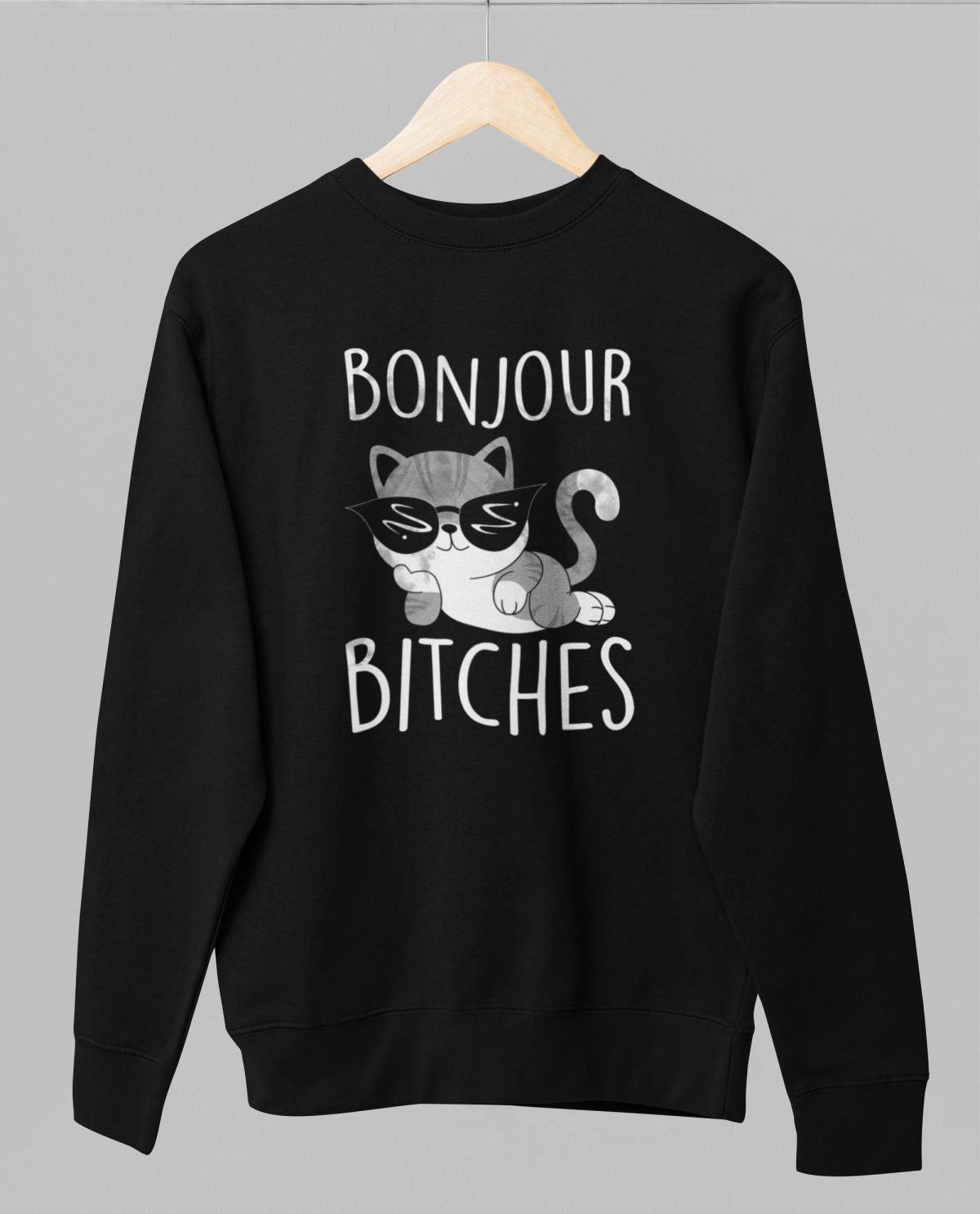 Musta unisex collegepaita "Bonjour bitches"
