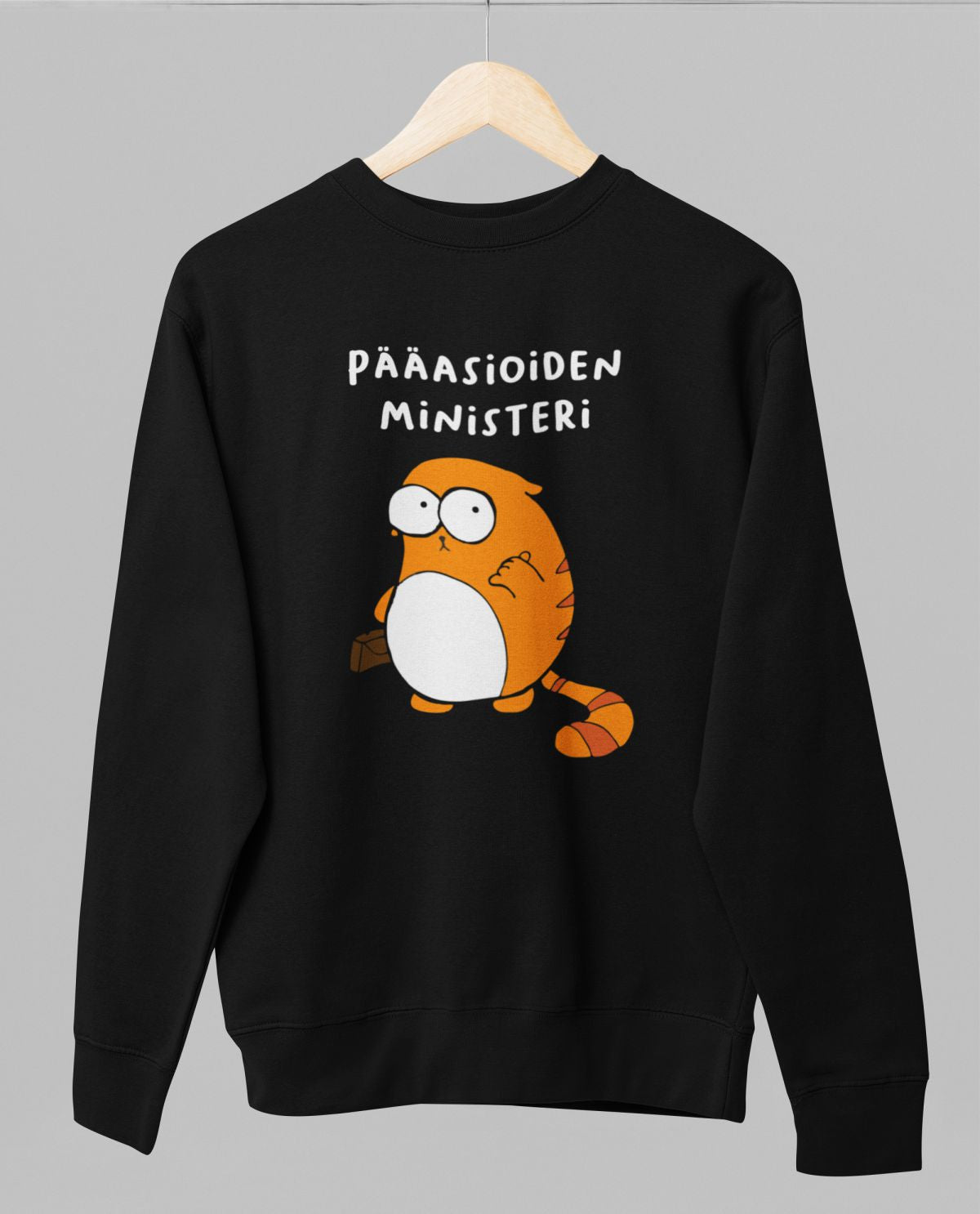 Musta unisex collegepaita "Pääasioiden ministeri"