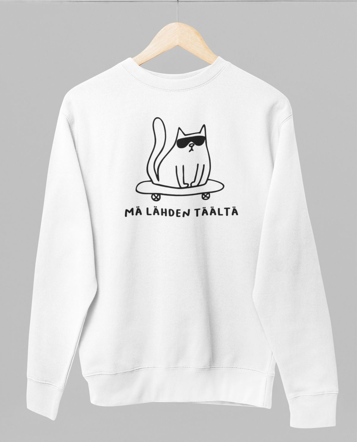 Valkoinen unisex collegepaita "Mä lähden täältä"