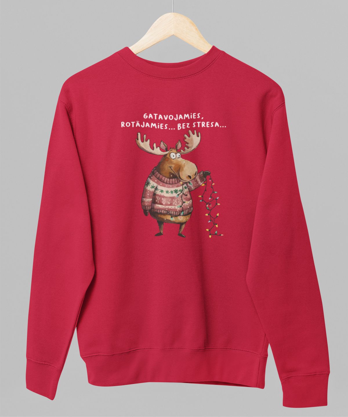 Sarkans UNISEX džemperis bez kapuces "Gatavojamies, rotājamies... Bez stresa..."