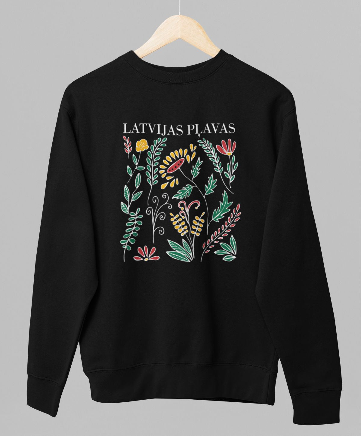 Melns UNISEX džemperis bez kapuces "Latvijas pļavas"