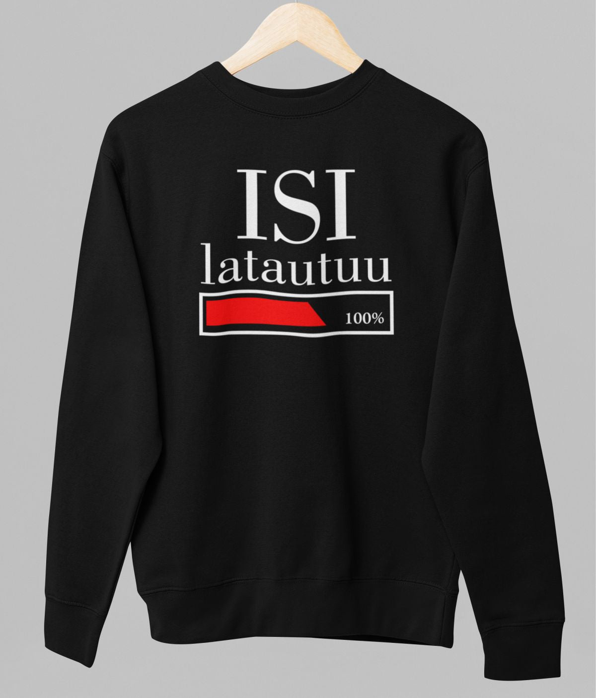 Musta unisex collegepaita "Isi latautuu"
