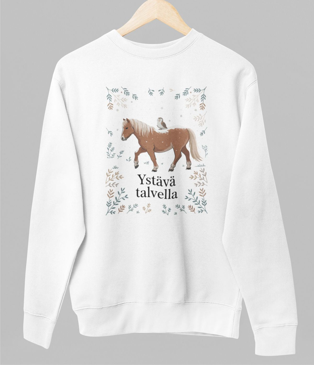 Valkoinen unisex collegepaita "Ystävä talvella"