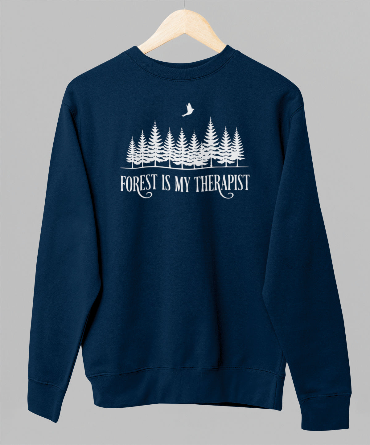 Sininen unisex collegepaita "Forest is my therapist"