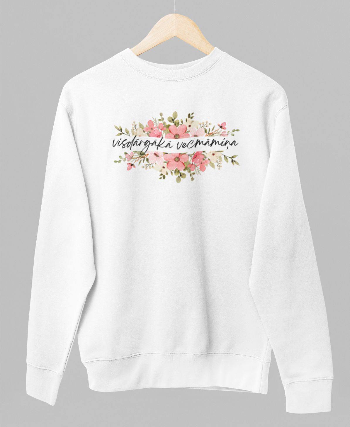 Balts UNISEX džemperis bez kapuces "Dārgākā vecmāmiņa"