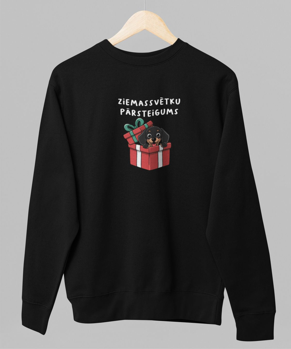 Melns UNISEX džemperis bez kapuces "Ziemassvētku pārsteigums"