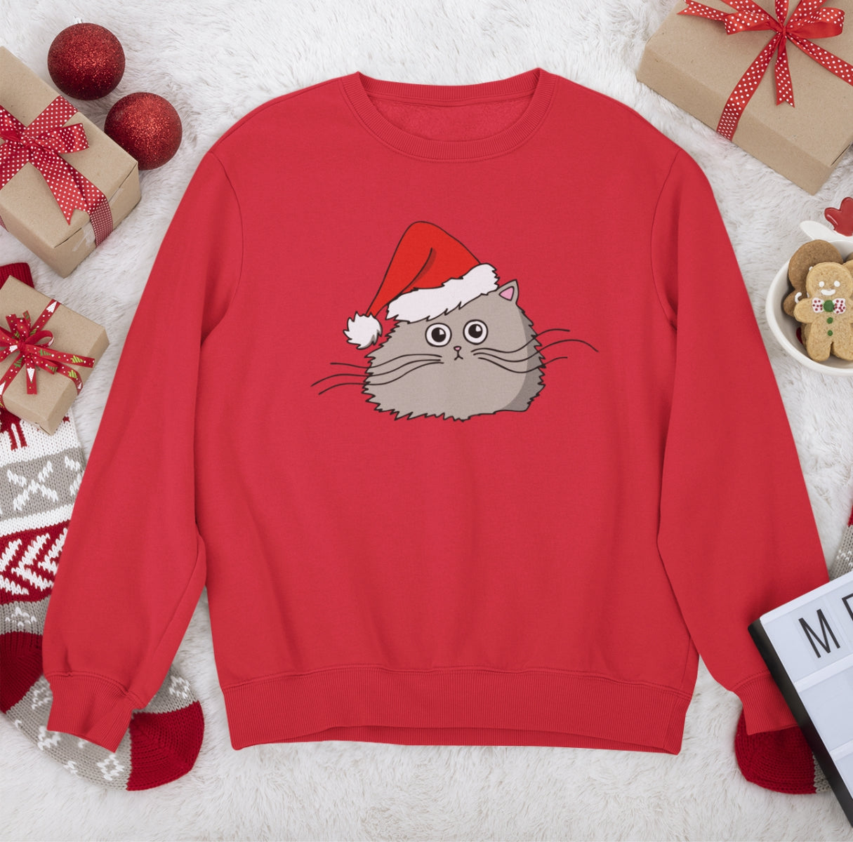 Sarkans UNISEX džemperis bez kapuces "Ziemassvētku kaķītis"