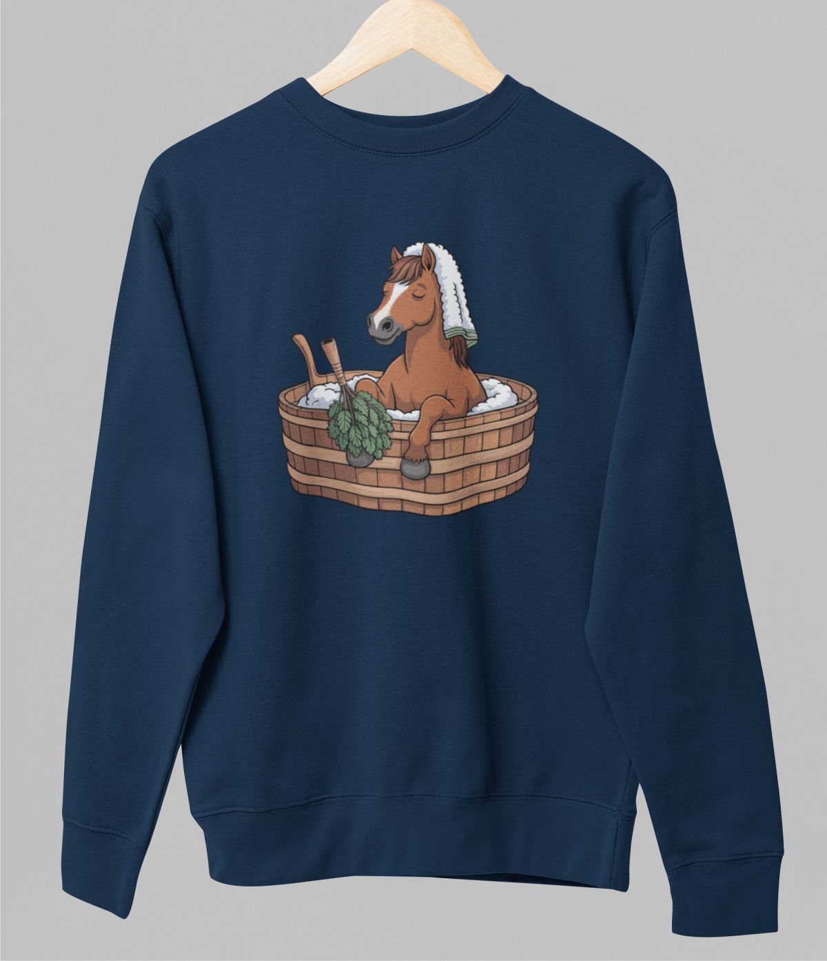 Sininen unisex collegepaita "Horse sauna"