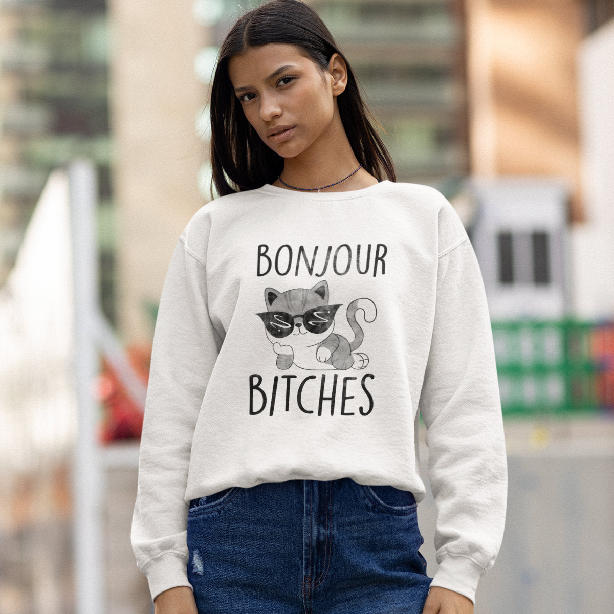 Biała bluza Bonjour bitches kotek
