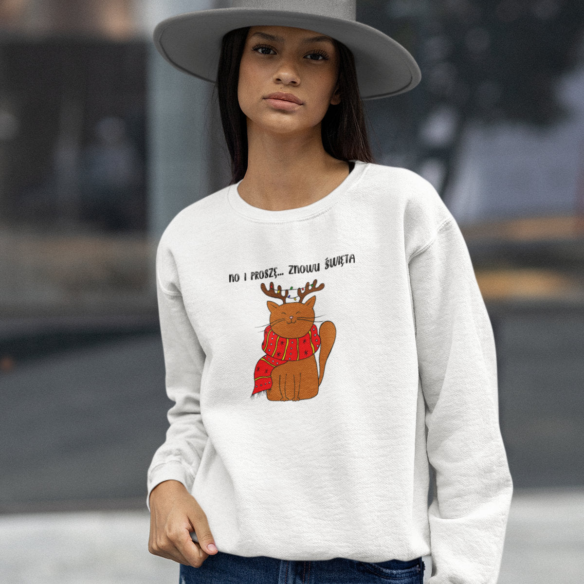 UNISEX Biała bluza Wesołych Świąt, Miau