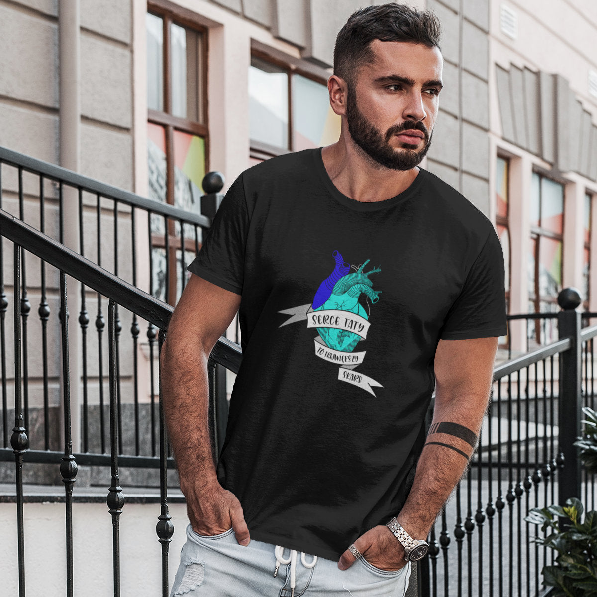 Czarny UNISEX T-shirt Serce taty