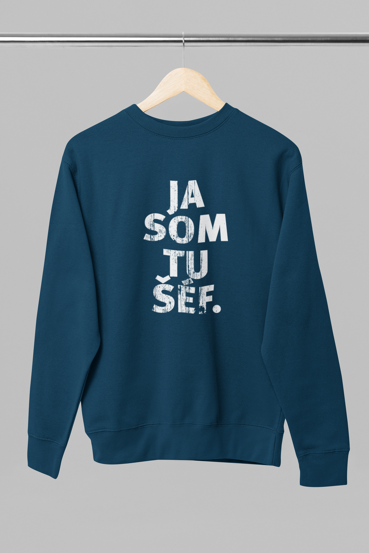 Tmavomodrá unisex mikina bez kapucne "Ja som tu šéf"