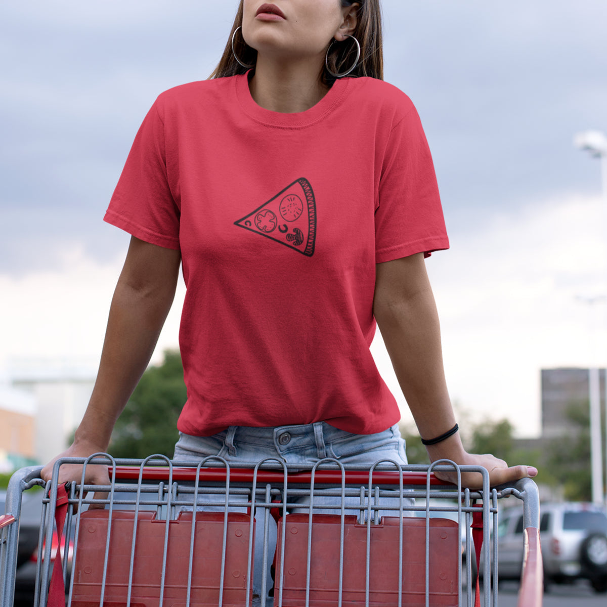 Punased unisex T-särgid paaridele joonistustega „Pitsa“