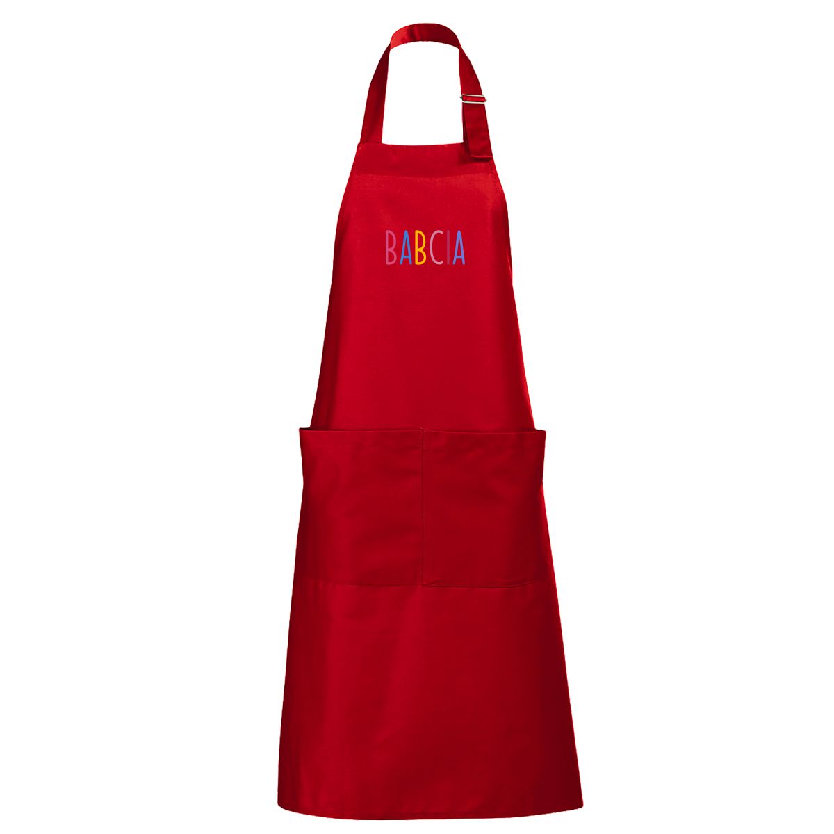 Czerwony długi fartuch z kieszeniami Babcia