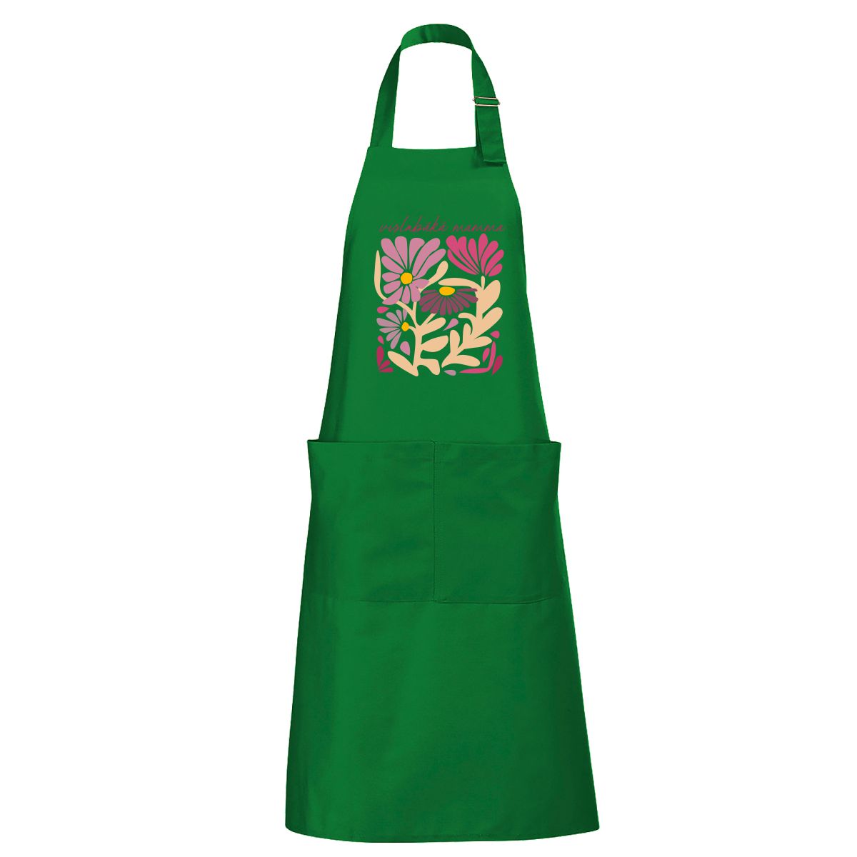 Zaļš garš priekšauts Mammas puķu dārzs