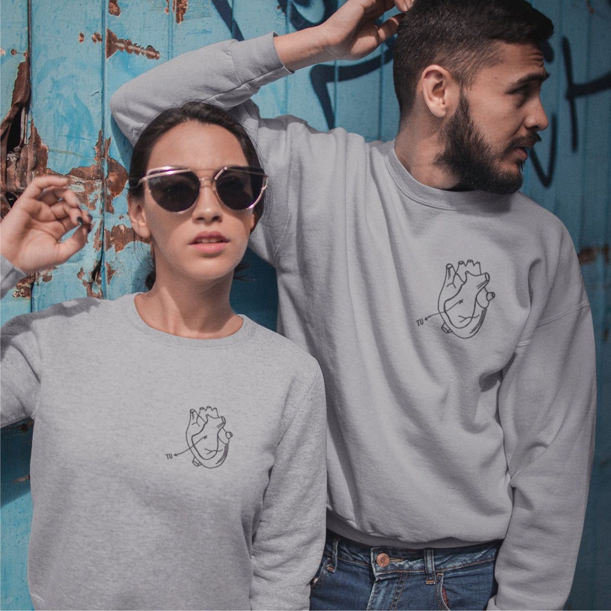 Pelēki melanža džemperi bez kapucēm pāriem "Tu esi manā sirdī"